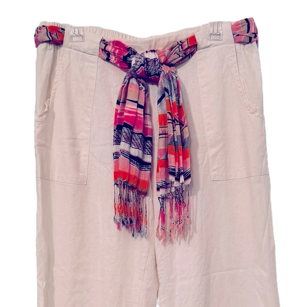IT’S Size 1X Off White Pullon Flat Front Elastic Back Linen Pants Scarf Tie Belt - Picture 2 of 7